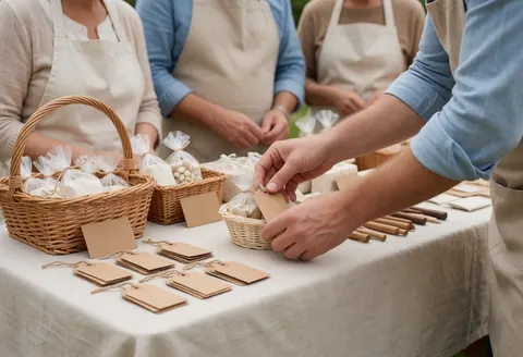 Close-up of hands placing price tags on wicker baskets filled with artisanal goods wrapped in plastic bags at an outdoor market.