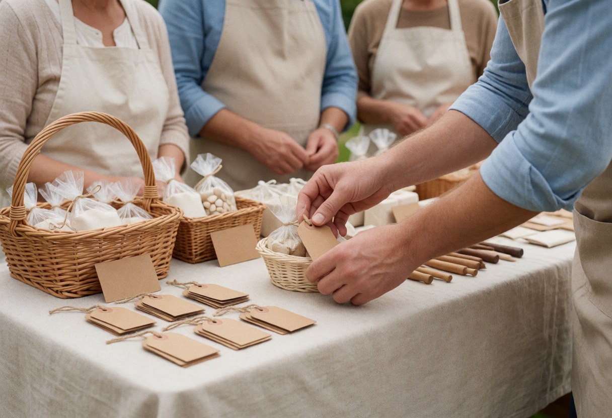 Close-up of hands placing price tags on wicker baskets filled with artisanal goods wrapped in plastic bags at an outdoor market.