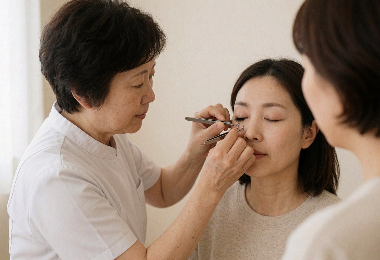 Technician applying false eyelashes to a client with closed eyes using tweezers in a salon with beige walls and natural light