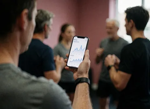 Close-up of a hand holding a smartphone displaying a training graph in a gym with pink walls and people in the background