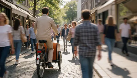Cyclist riding a cargo bike on a cobblestone pedestrian street with awning shadows and people walking in the background