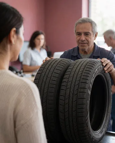 Mechanic shows two new tires to a customer in a tire repair shop with dusty rose walls