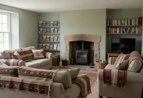 Rustic living room featuring a stone fireplace, upholstered sofas, woven textiles, and green painted walls, ideal for rural lodging.