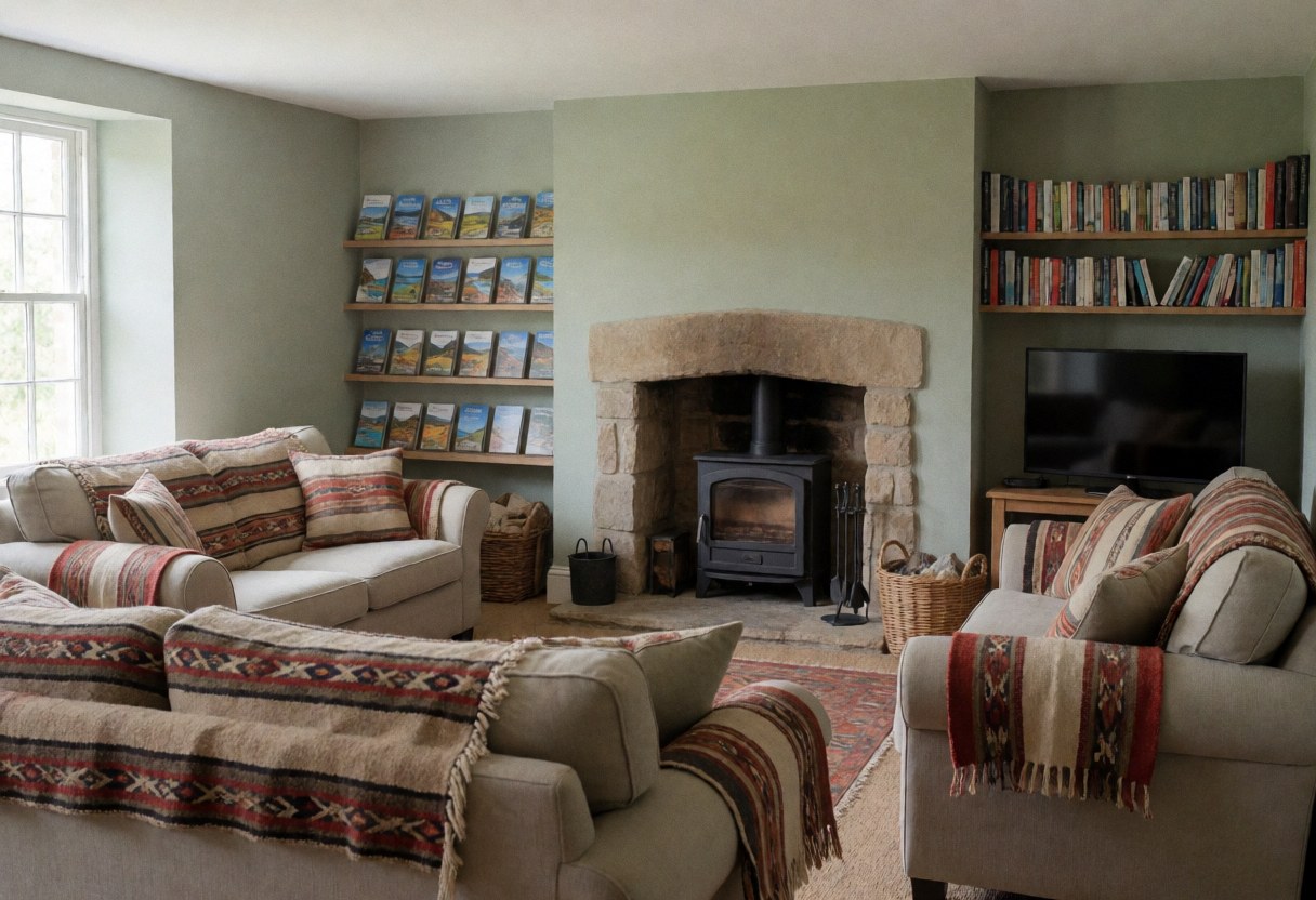 Rustic living room featuring a stone fireplace, upholstered sofas, woven textiles, and green painted walls, ideal for rural lodging.