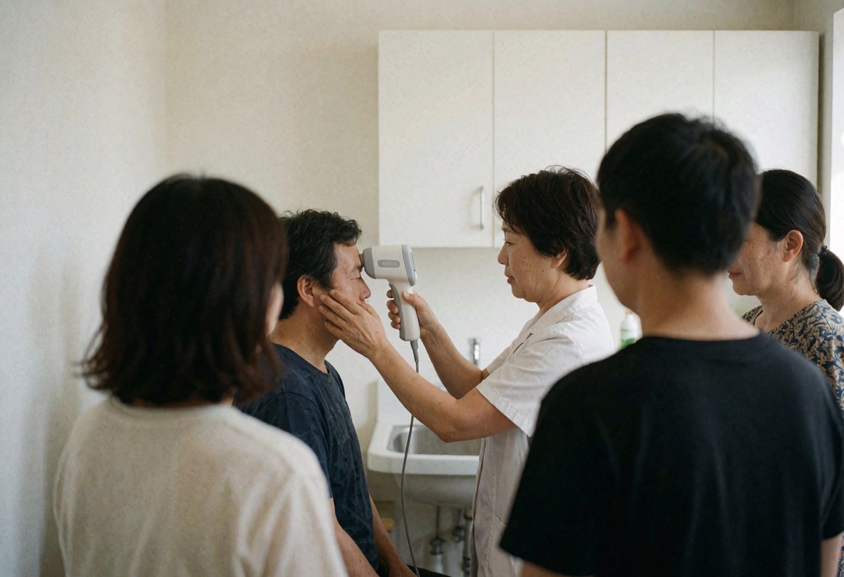 A professional uses a medical device to examine a patient's skin in a clinic with white cabinetry and a sink
