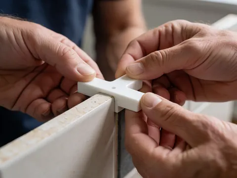 Close-up of a tiler inserting white plastic spacers between ceramic tiles for precise installation