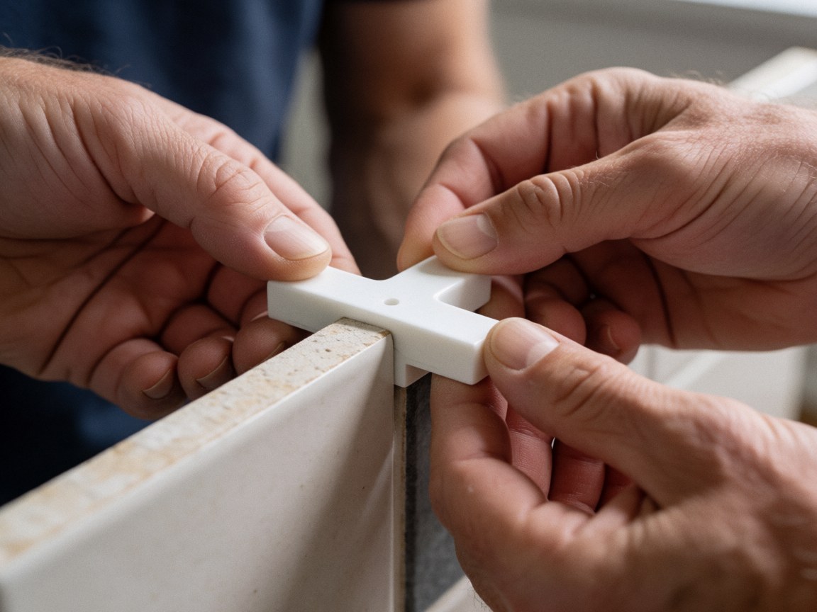 Close-up of a tiler inserting white plastic spacers between ceramic tiles for precise installation