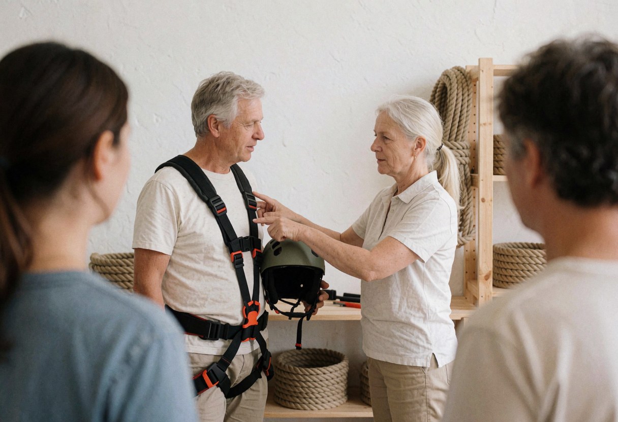 Staff member adjusting a safety harness on a client at an adventure park rental station with ropes and wooden shelves