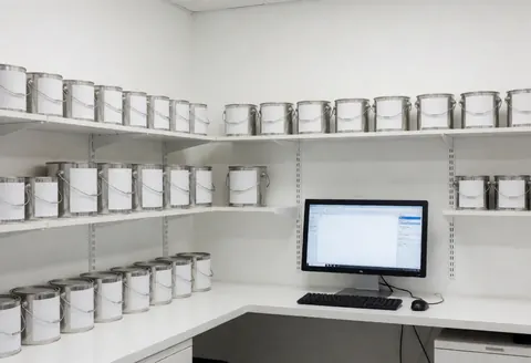 Automotive paint booth featuring shelves filled with metal paint cans and a computer displaying a color interface