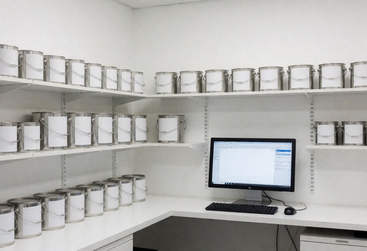 Automotive paint booth featuring shelves filled with metal paint cans and a computer displaying a color interface