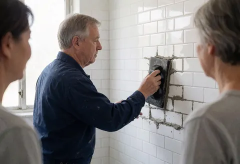 A man installs grout between white bathroom tiles near a window with natural light, showcasing bathroom installation service.