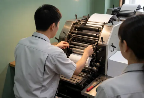 Technician adjusting offset printer rollers with white paper and green walls showing graphic printing service in action