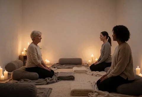 Three women sitting on the floor practicing yoga in a calm space with lit candles, blankets, and cushions.