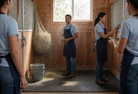 Equestrian center staff tending to hay in a stable with a water bowl and wooden walls