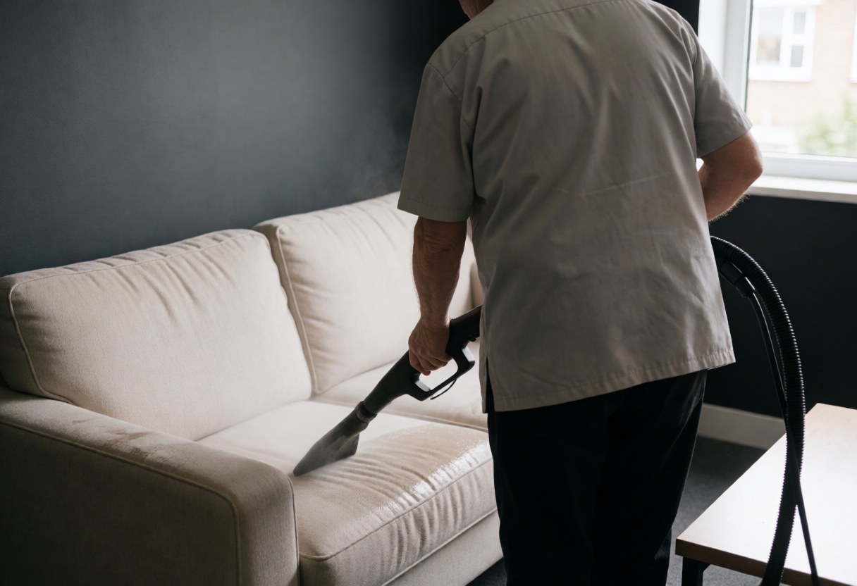A professional cleaner operates a steam cleaning machine on a beige sofa in a room with gray walls and natural light.