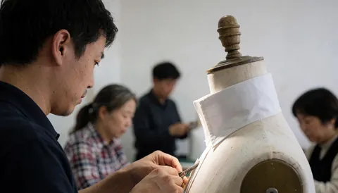 Sewing workshop featuring a mannequin and various tools, with people working on clothing repair in a professional environment with white walls.