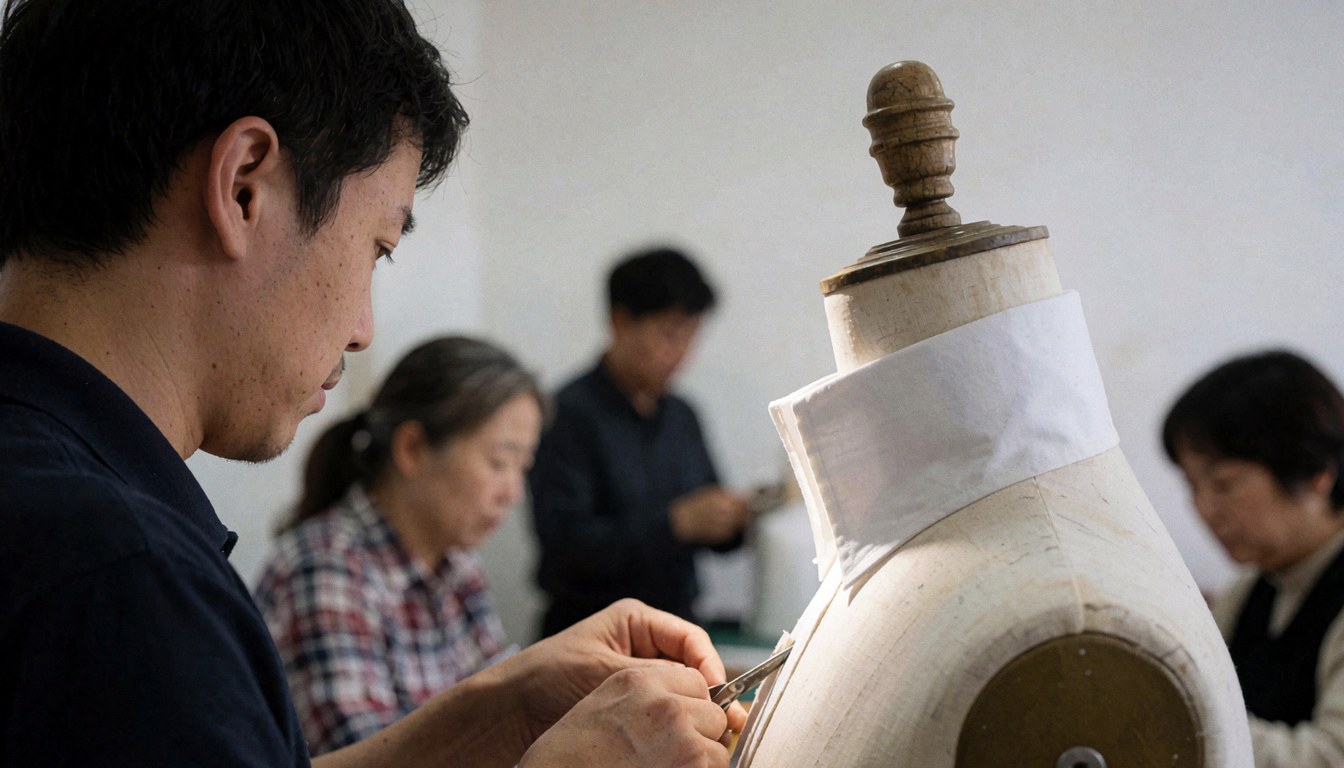 Sewing workshop featuring a mannequin and various tools, with people working on clothing repair in a professional environment with white walls.