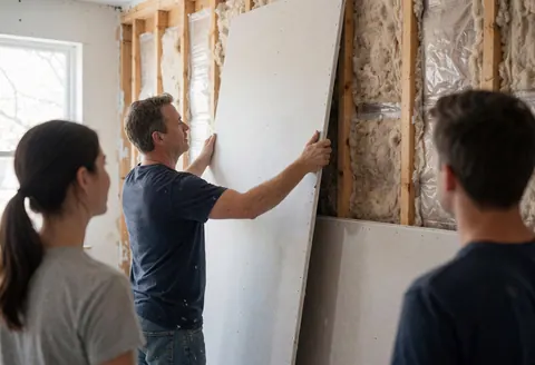 Worker installing a drywall panel on a wall with wooden beams and insulation while two people observe the construction work.