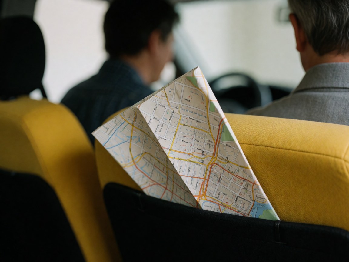 A folded city map resting on the seat of a yellow taxi with passengers seated in the background, suitable for transportation services.