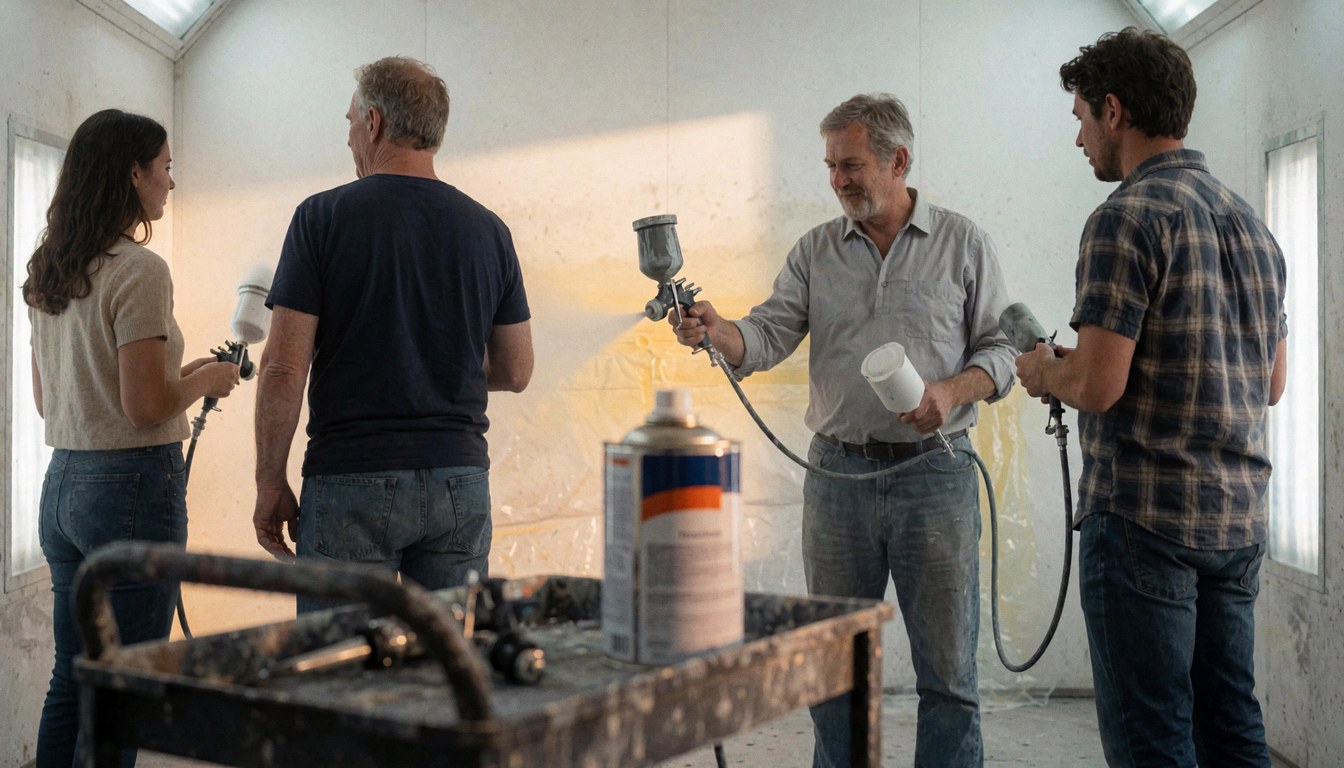 Workers using spray guns in a paint booth to demonstrate the auto body painting process in a professional workshop setting