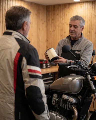 Mechanic displays a clean air filter to a customer in a motorcycle repair shop with wooden walls and a visible engine.