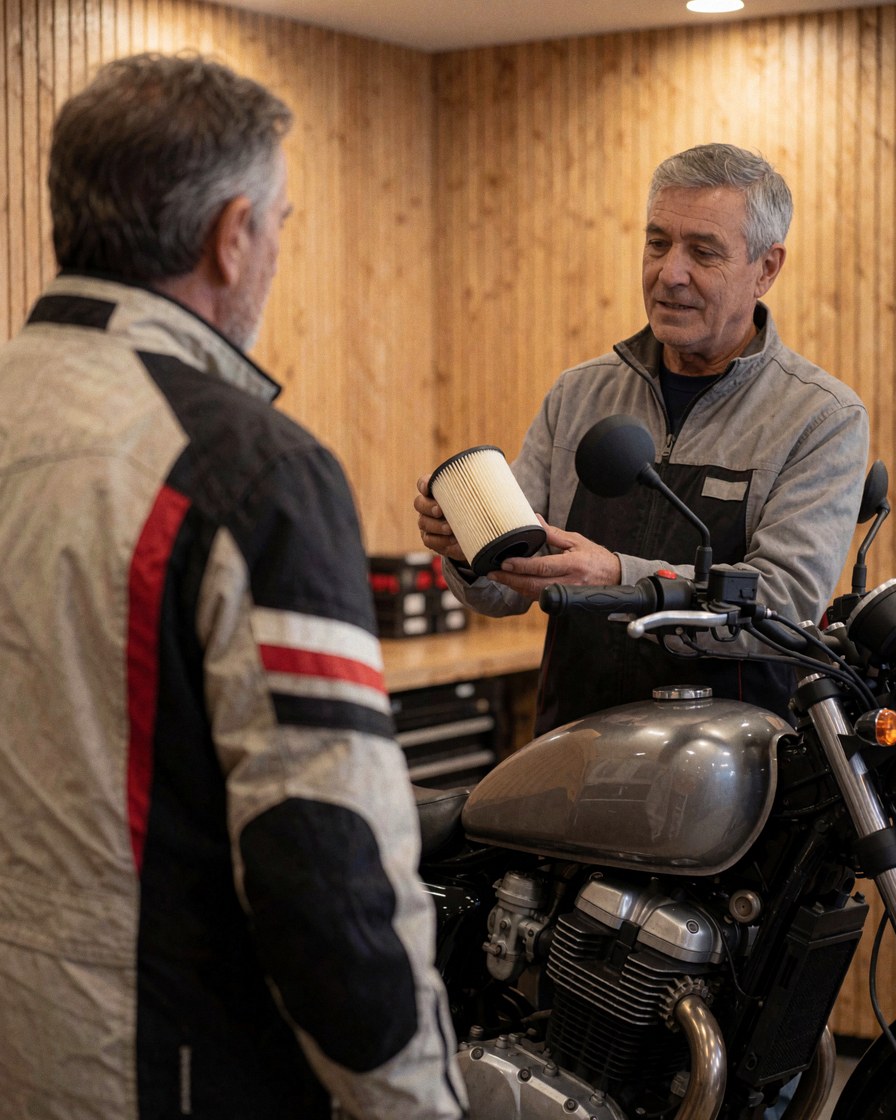 Mechanic displays a clean air filter to a customer in a motorcycle repair shop with wooden walls and a visible engine.