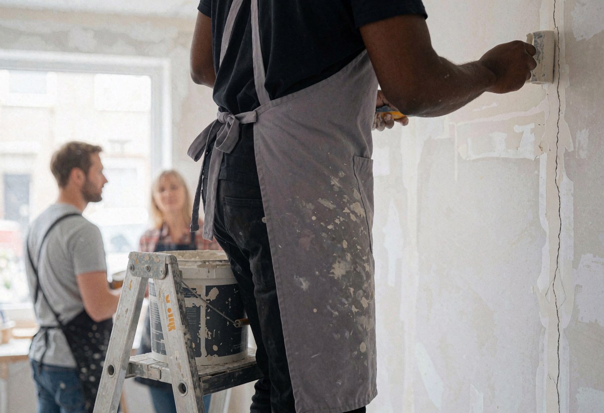 A technician uses a roller to apply spackle to a cracked interior wall, with a ladder and tools visible nearby.