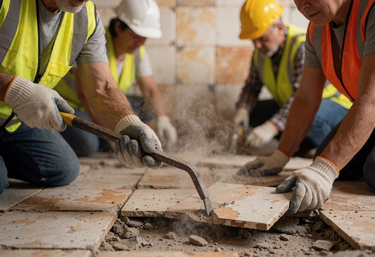 A worker wearing safety gear uses a pry bar to remove bathroom floor tiles, creating dust during demolition work.