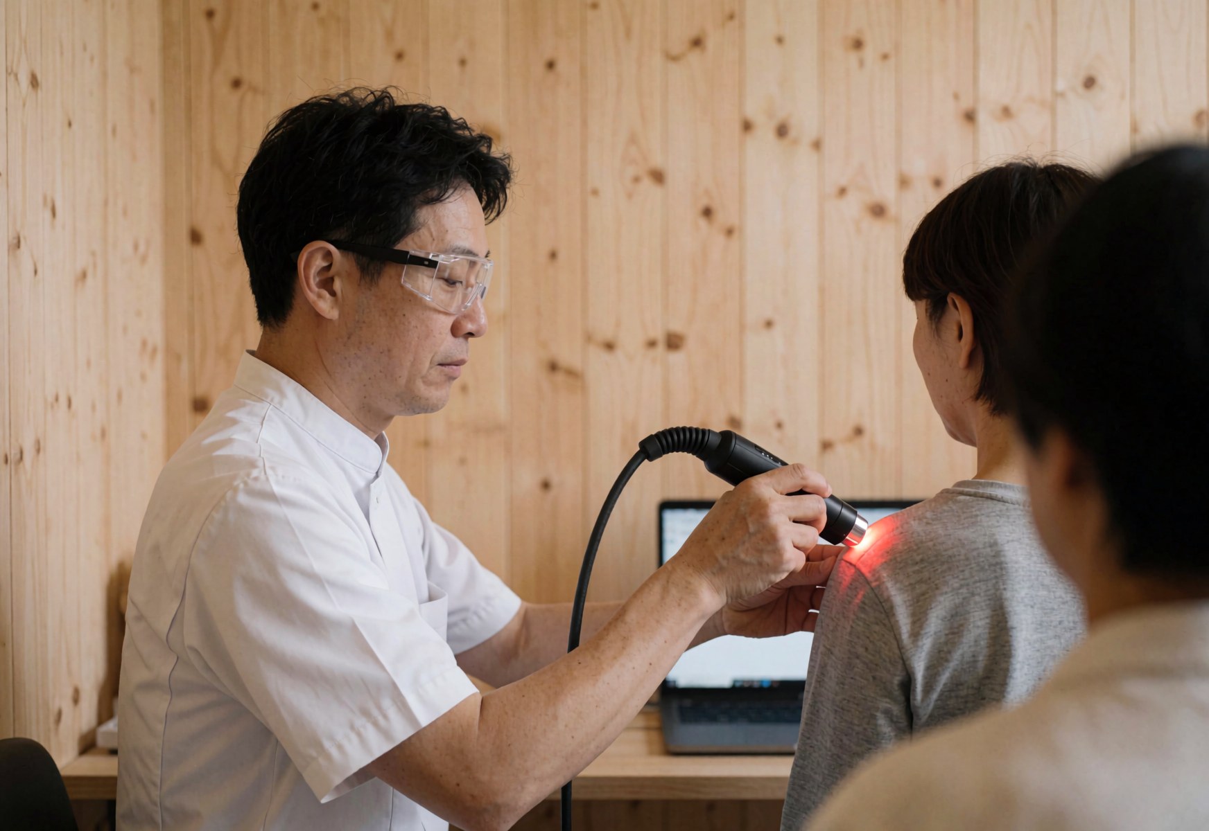 Therapist wearing safety glasses applies red light therapy to a client's shoulder in a professional clinic with light wood walls