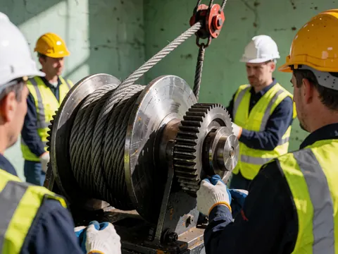 Workers adjusting a crane drum with steel cable in an industrial workshop