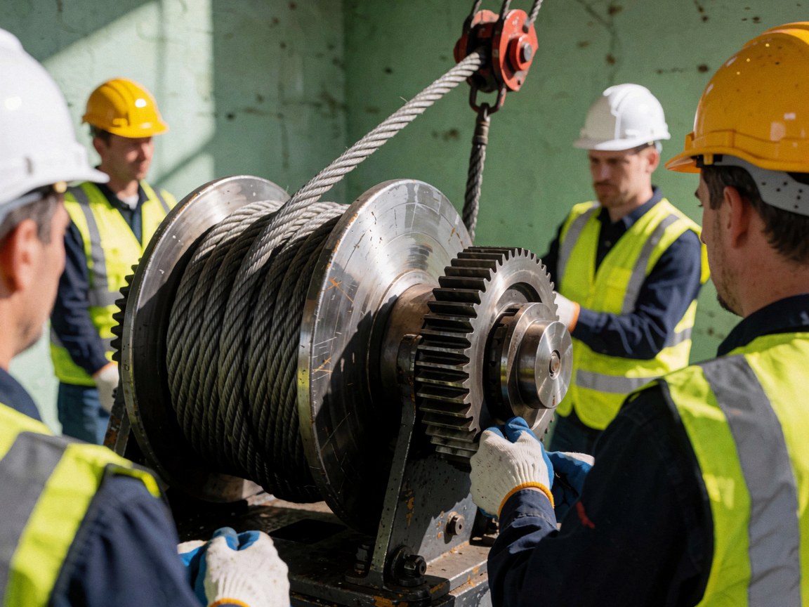 Workers adjusting a crane drum with steel cable in an industrial workshop