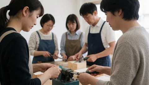 A group of people using tools and machinery in a workshop while wearing aprons.