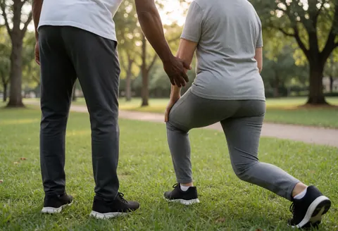 A personal trainer guides a client performing a lunge on park grass during golden morning light, highlighting outdoor fitness services.