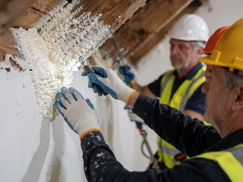 Worker in safety gear applying white thermal insulation foam to wooden beams during construction.