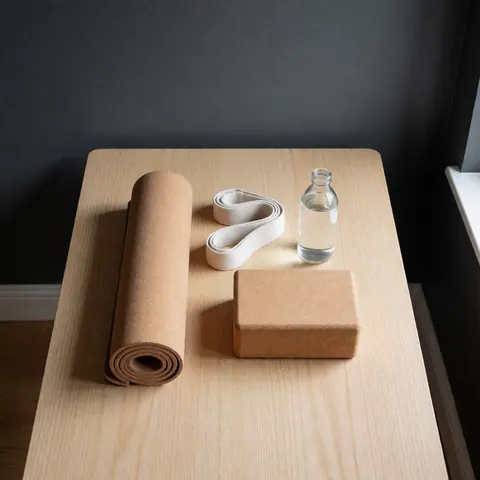 Rolled yoga mat, strap, block, and water bottle on a light wooden table in a room with a gray wall