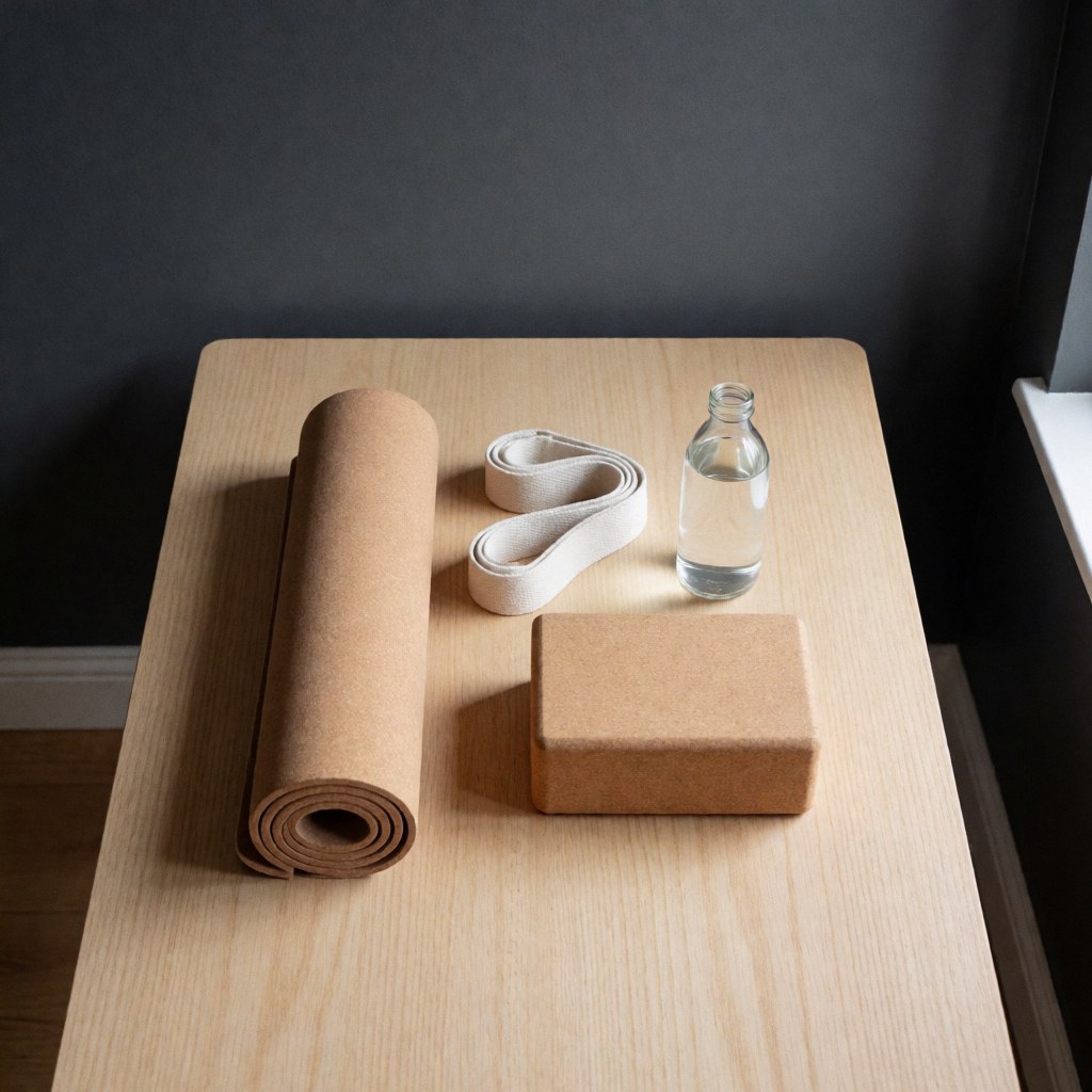 Rolled yoga mat, strap, block, and water bottle on a light wooden table in a room with a gray wall