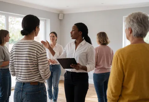 A wedding planner with a portfolio explains details to a group of clients in a room with gray walls and natural light.