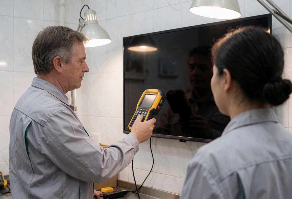 Tv repair technician calibrating a large television with tools in a workshop with white tiled walls and work lights