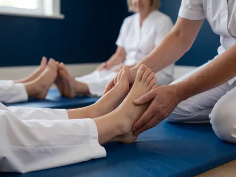 Close-up of martial arts instructor hands adjusting a student's foot stance on a blue mat during a class session