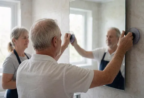 A man installs a large mirror in a tiled bathroom using suction holders with natural light coming through the window.