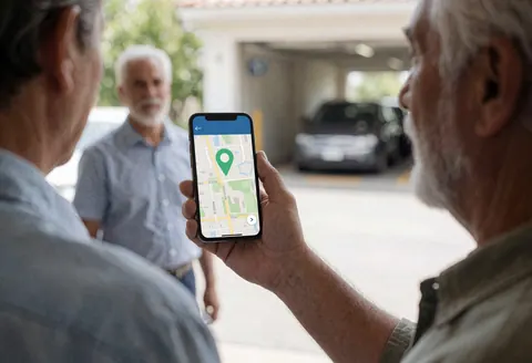 Man displays location on smartphone screen at parking entrance while another man observes nearby parked vehicle