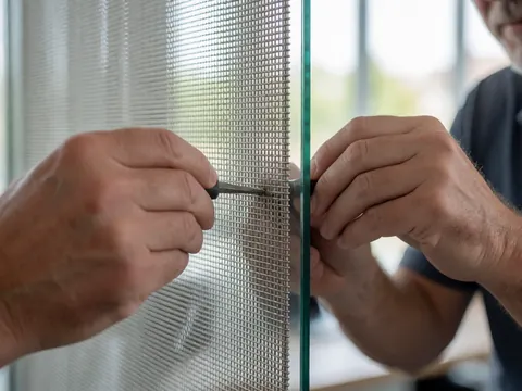 Close-up of hands using a screwdriver to adjust metal mesh on a tempered glass panel during construction work