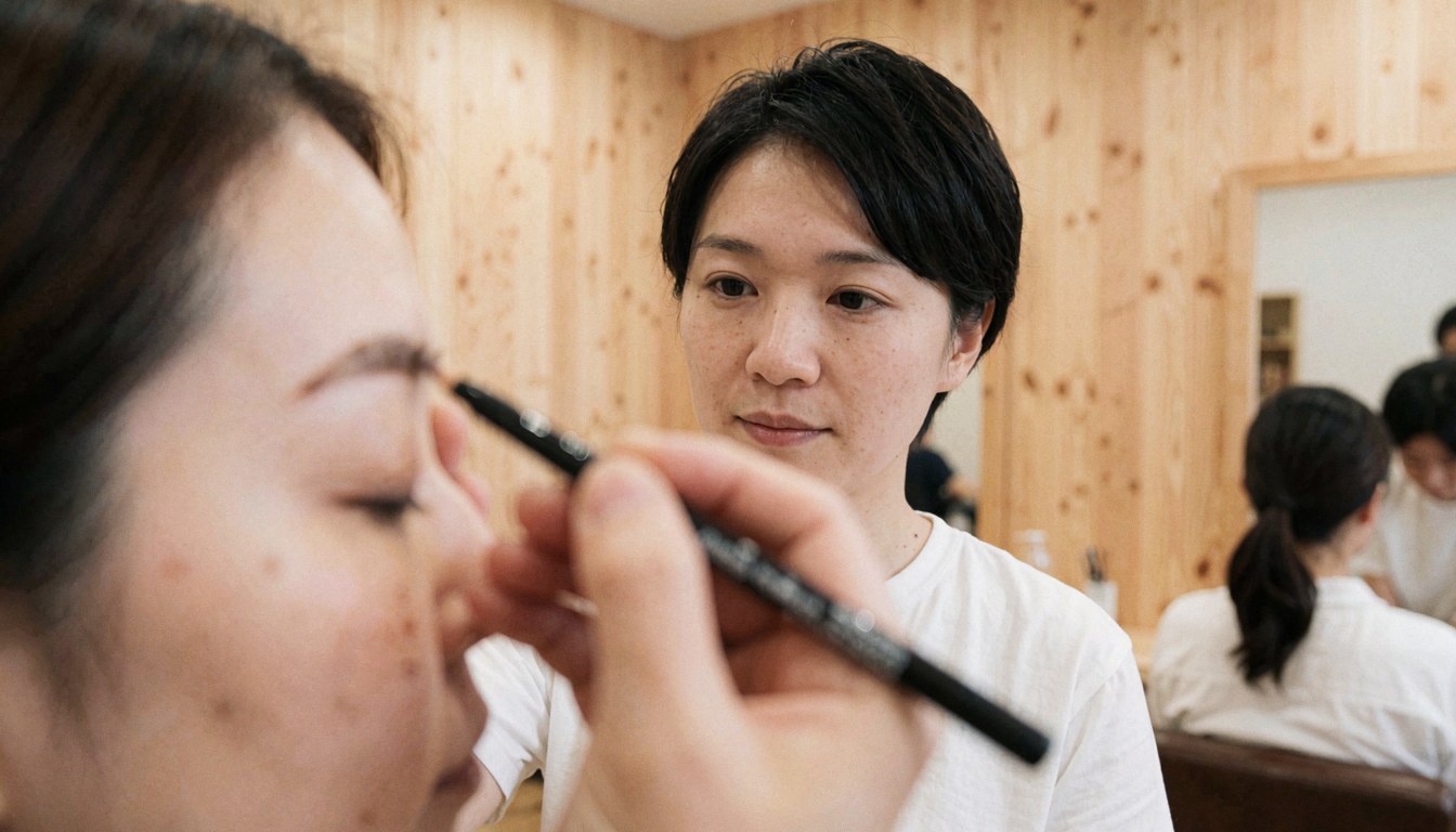 A technician applying makeup in a salon with wooden walls and a client with eyebrows in the foreground.
