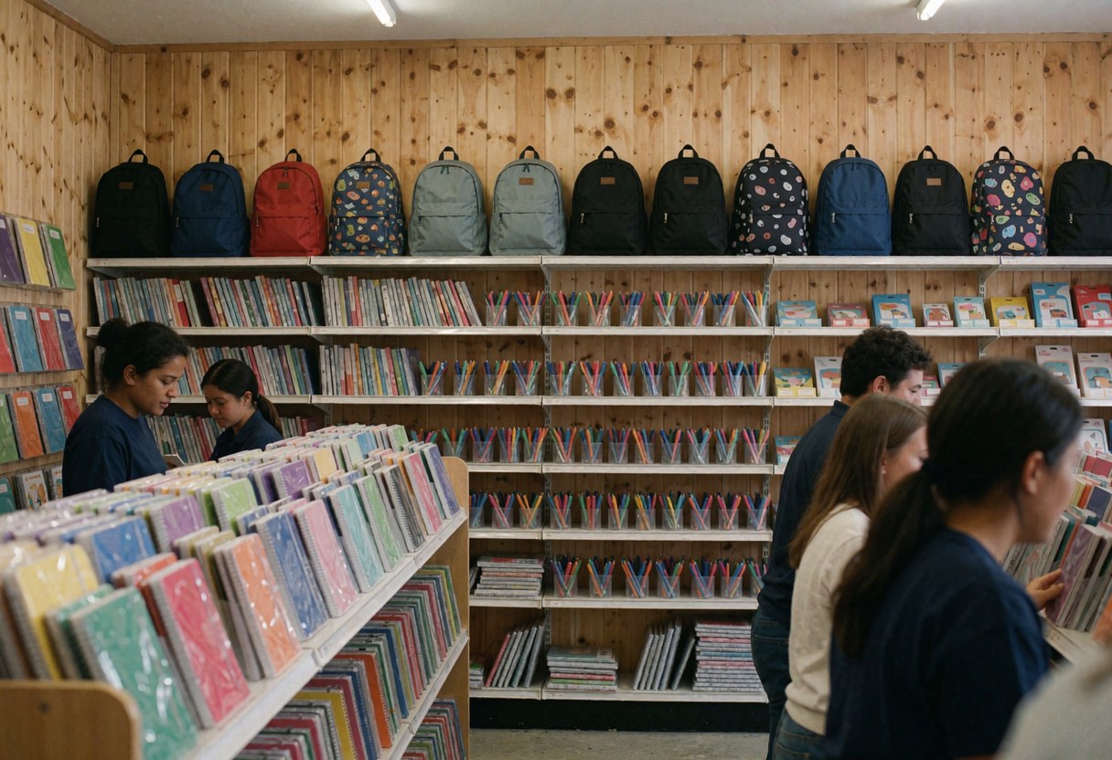 Customers browse notebooks and pencils on shelves with backpacks hanging on a wooden wall in a stationery store