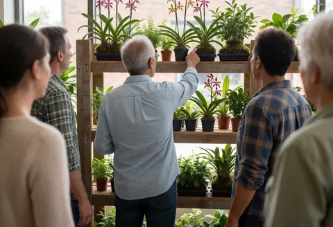 A customer examines orchids on wooden shelves with natural light in a garden center.