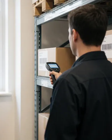 A worker scans a cardboard box using a handheld barcode scanner inside a warehouse with metal racks and natural light.