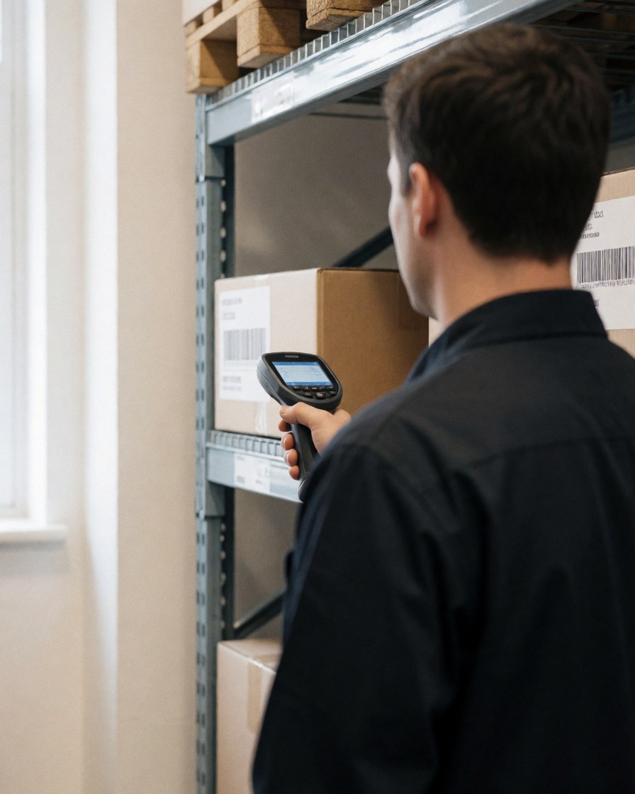 A worker scans a cardboard box using a handheld barcode scanner inside a warehouse with metal racks and natural light.