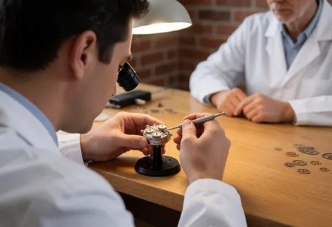 Close-up of a watch repair technician using a magnifying loupe to adjust a watch subdial on a wooden workbench.