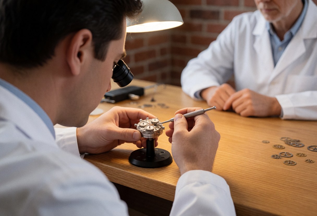 Close-up of a watch repair technician using a magnifying loupe to adjust a watch subdial on a wooden workbench.