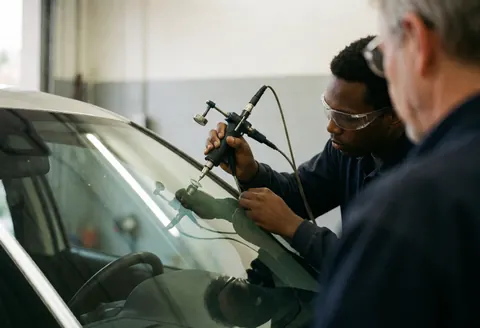 Technician wearing safety glasses applies resin to a car window in a garage while another man observes the work.